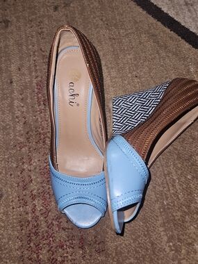 Light Blue Peep-Toe Wedge Sandals by Machi